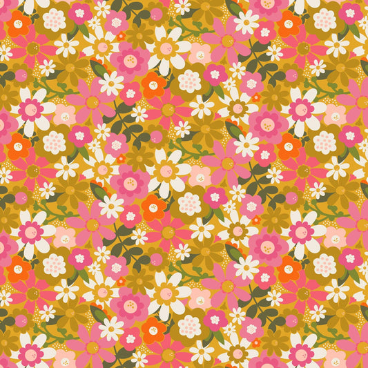 IN STOCK - Joyful June Floral Print Ochre - Sarah Hearts - Figo Fabrics - 91110-55