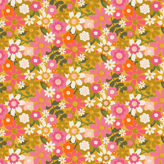 IN STOCK - Joyful June Floral Print Ochre - Sarah Hearts - Figo Fabrics - 91110-55