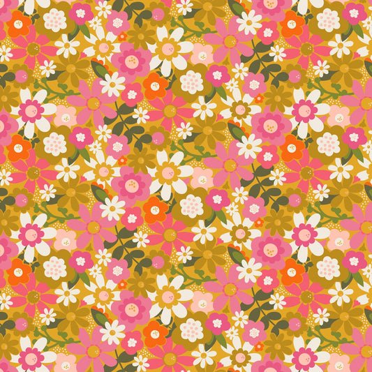 Joyful June Floral Print Ochre - Sarah Hearts - Figo Fabrics - 91110-55