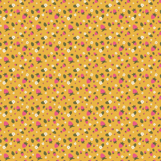 PRE-ORDER - Joyful June Strawberries Print Ochre - Sarah Hearts - Figo Fabrics - Ships August 2025 - 91111-55