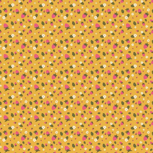 IN STOCK - Joyful June Strawberries Print Ochre - Sarah Hearts - Figo Fabrics - 91111-55