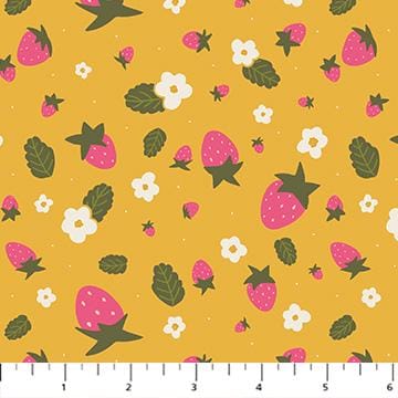 PRE-ORDER - Joyful June Strawberries Print Ochre - Sarah Hearts - Figo Fabrics - Ships August 2025