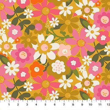 Joyful June Floral Print Ochre - Sarah Hearts - Figo Fabrics - 91110-55