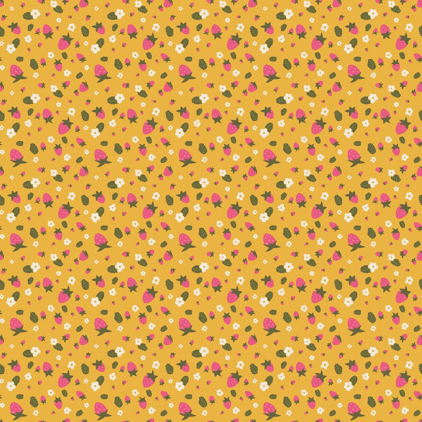 PRE-ORDER - Joyful June Strawberries Print Ochre - Sarah Hearts - Figo Fabrics - Ships August 2025