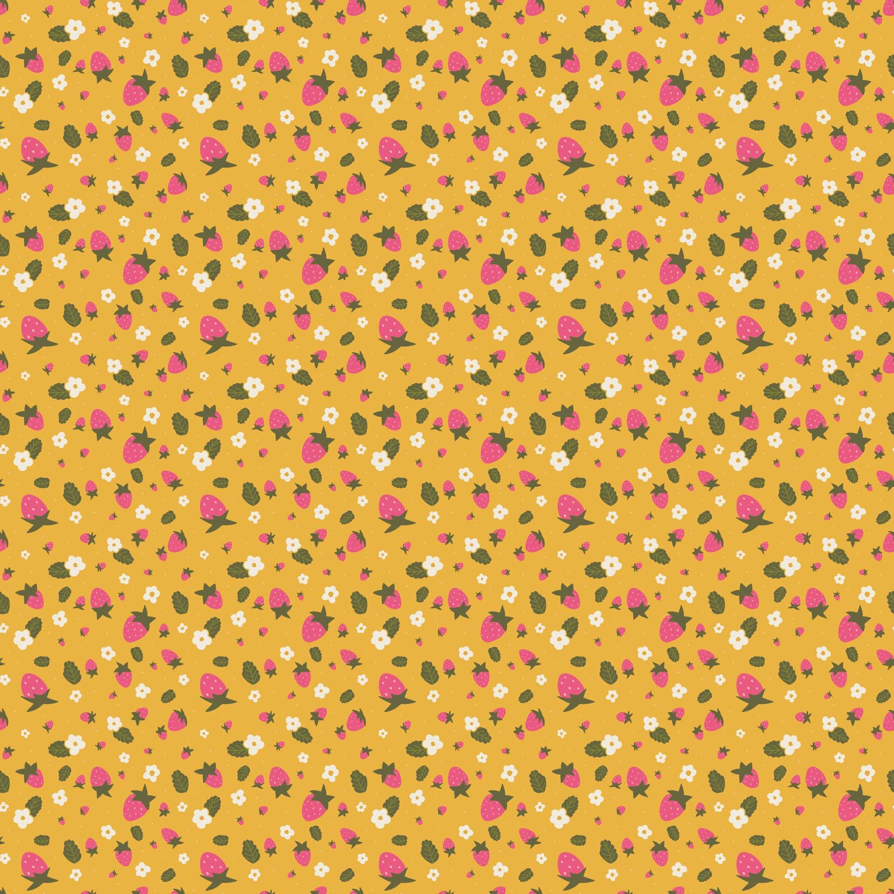 PRE-ORDER - Joyful June Strawberries Print Ochre - Sarah Hearts - Figo Fabrics - Ships August 2025