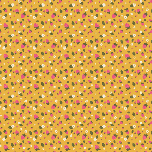 PRE-ORDER - Joyful June Strawberries Print Ochre - Sarah Hearts - Figo Fabrics - Ships August 2025