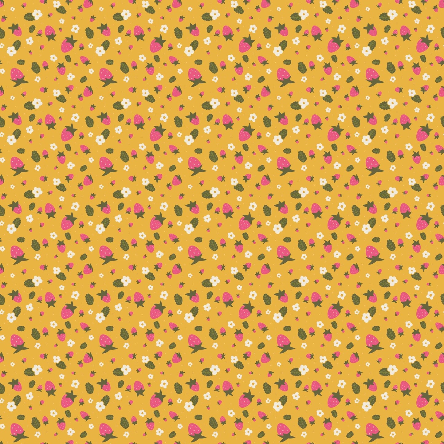 IN STOCK - Joyful June Strawberries Print Ochre - Sarah Hearts - Figo Fabrics - 91111-55