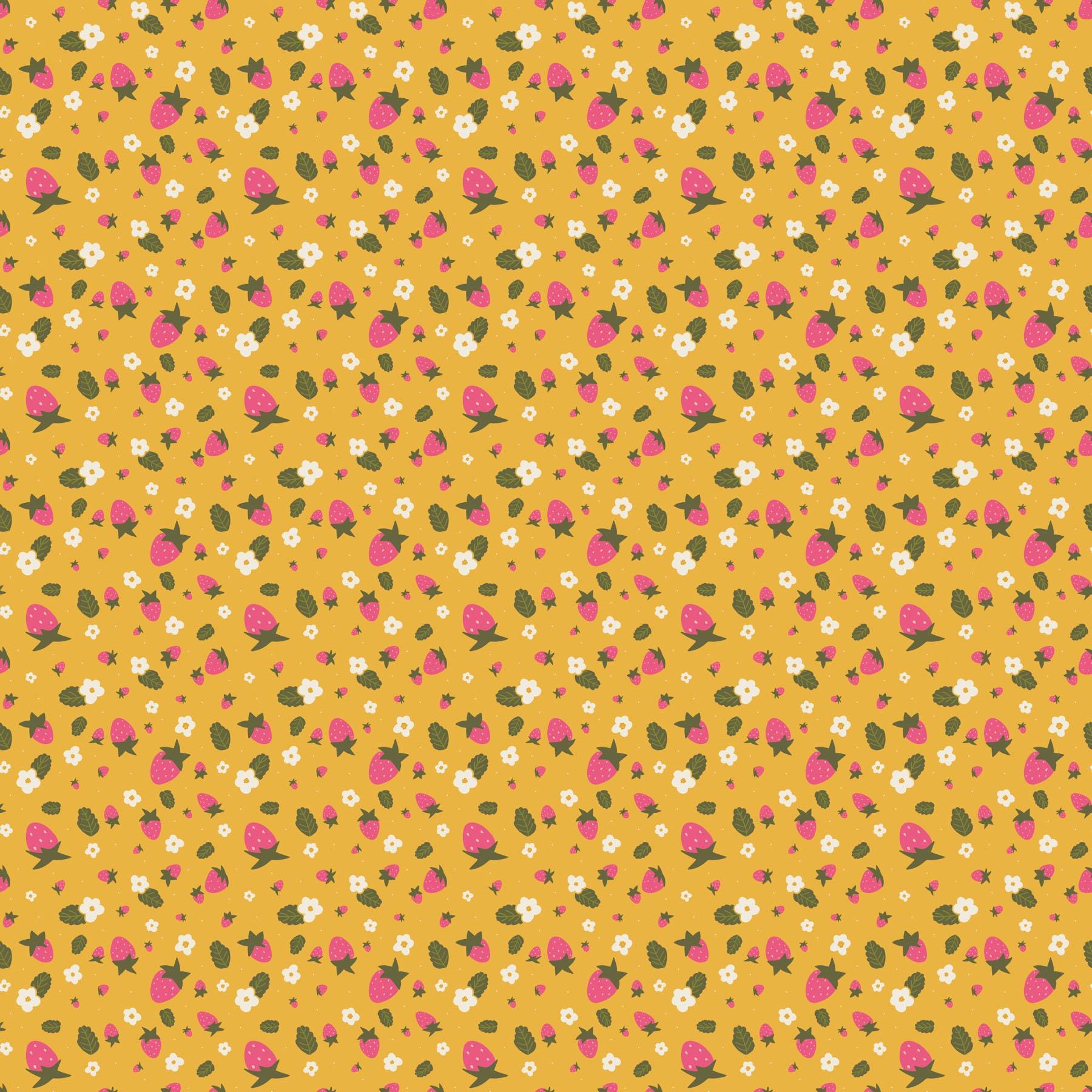 IN STOCK - Joyful June Strawberries Print Ochre - Sarah Hearts - Figo Fabrics - 91111-55