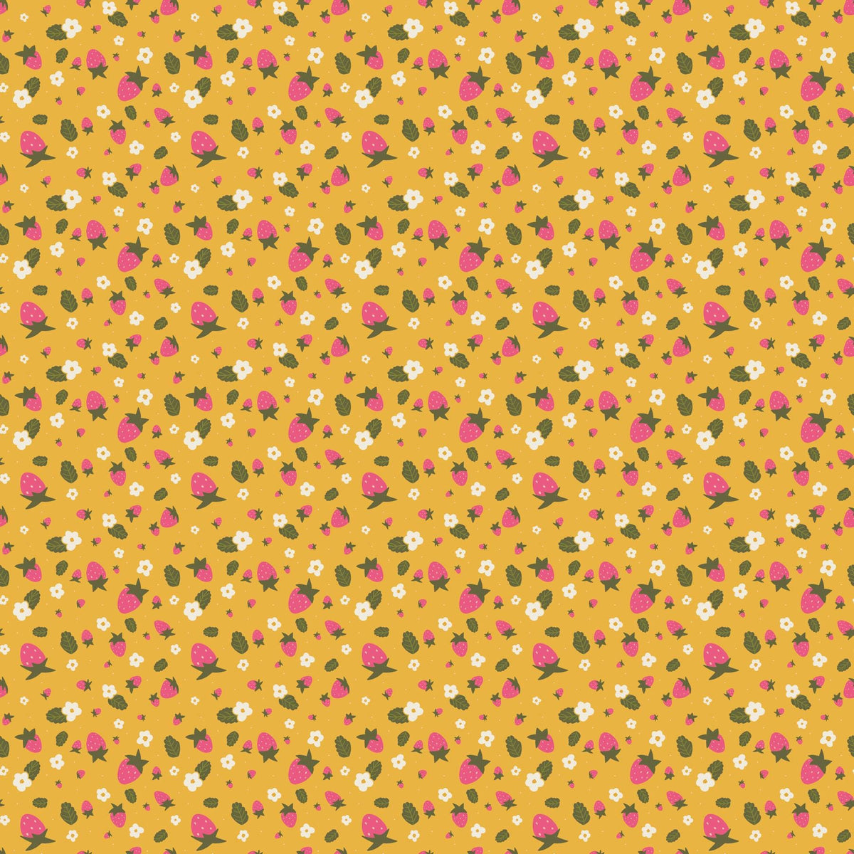 Joyful June Strawberries Print Ochre - Sarah Hearts - Figo Fabrics
