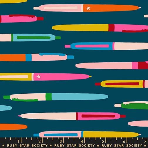 Trinketry Pens Fabric – Galaxy Blue Cotton Print - Melody Miller Designer for Ruby Star Society