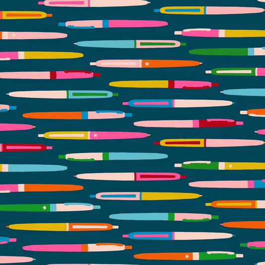 Trinketry Pens Fabric – Galaxy Blue Cotton Print - Melody Miller Designer for Ruby Star Society