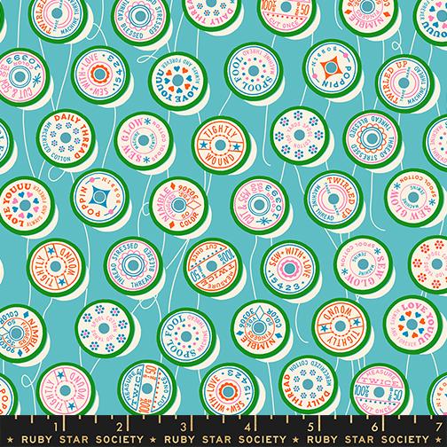 IN STOCK - Trinketry Spools Fabric – Turquoise Cotton Print - Melody Miller Designer for Ruby Star Society