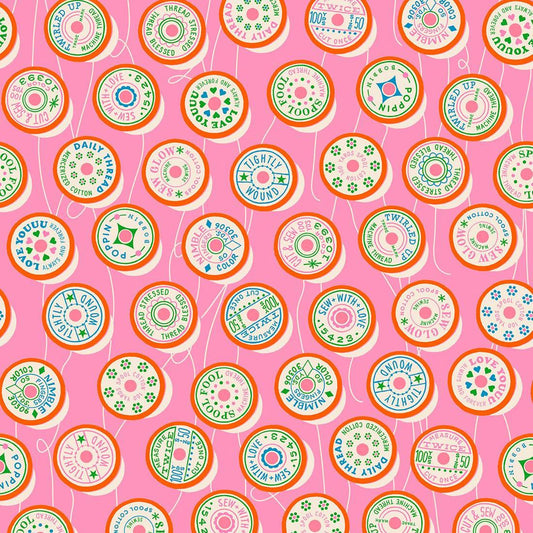 IN STOCK - Trinketry Spools Fabric – Flamingo Pink Cotton Print - Melody Miller Designer for Ruby Star Society