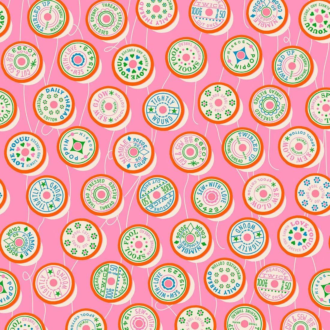 Trinketry Spools Fabric – Flamingo Pink Cotton Print - Melody Miller Designer for Ruby Star Society