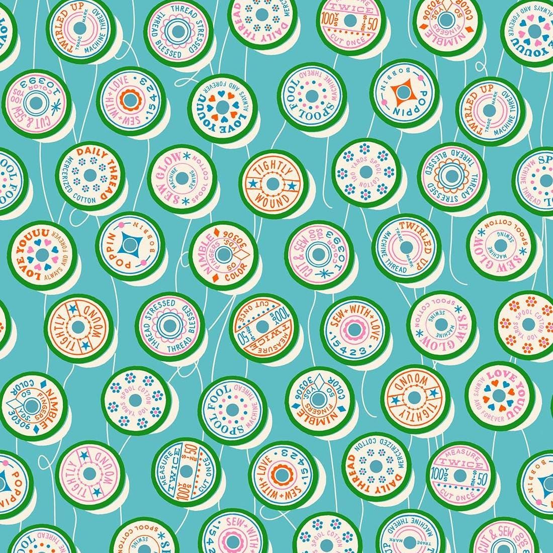 Trinketry Spools Fabric – Turquoise Cotton Print - Melody Miller Designer for Ruby Star Society
