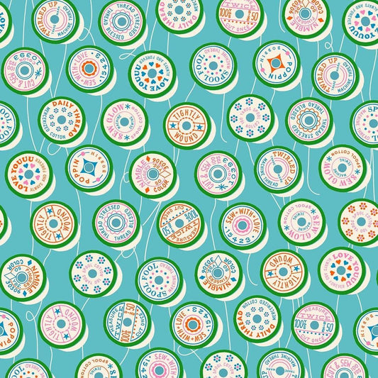 Trinketry Spools Fabric – Turquoise Cotton Print - Melody Miller Designer for Ruby Star Society