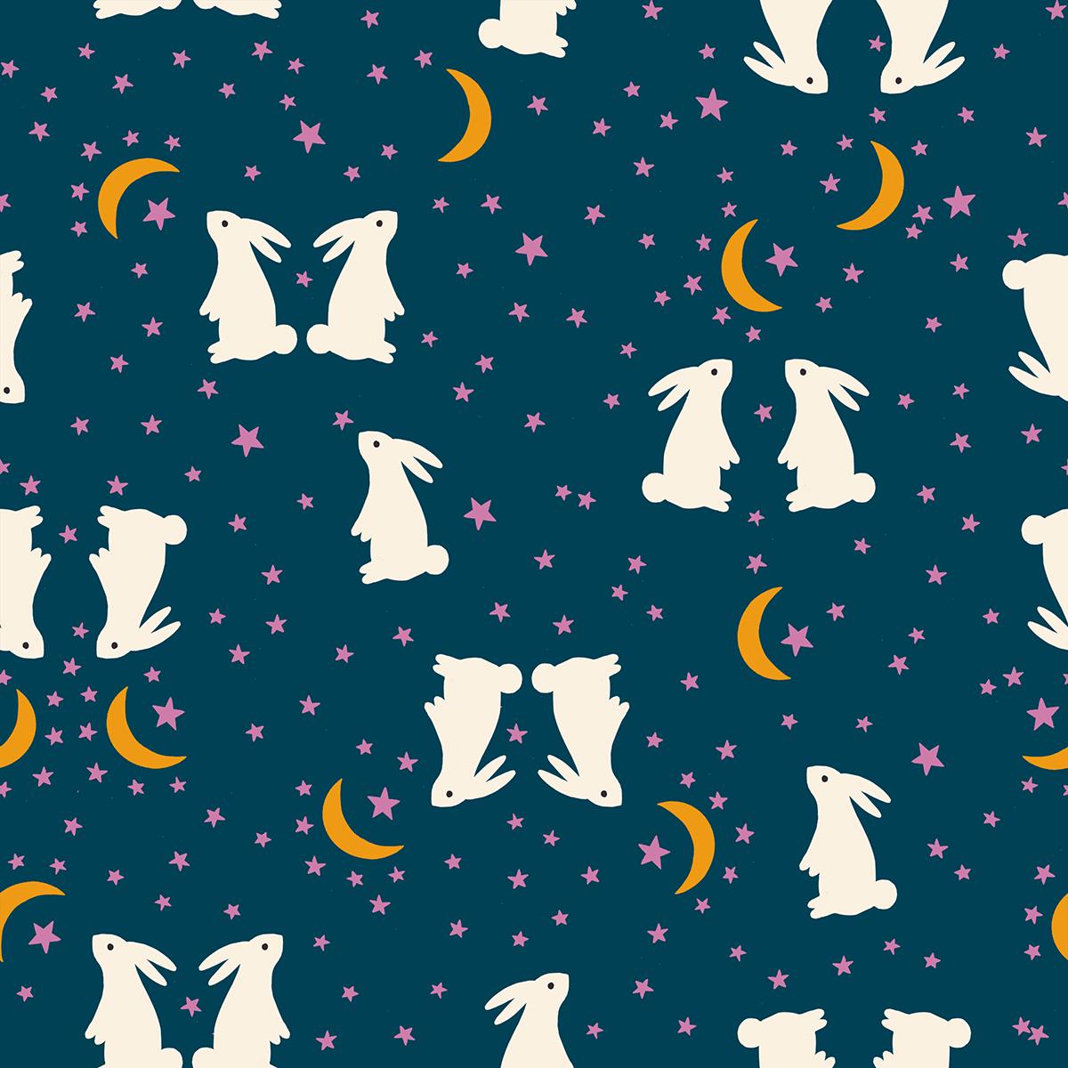 IN STOCK - Mystic Fable Bunnies print Galaxy blue by Alexia Marcelle Abegg for Ruby Star Society
