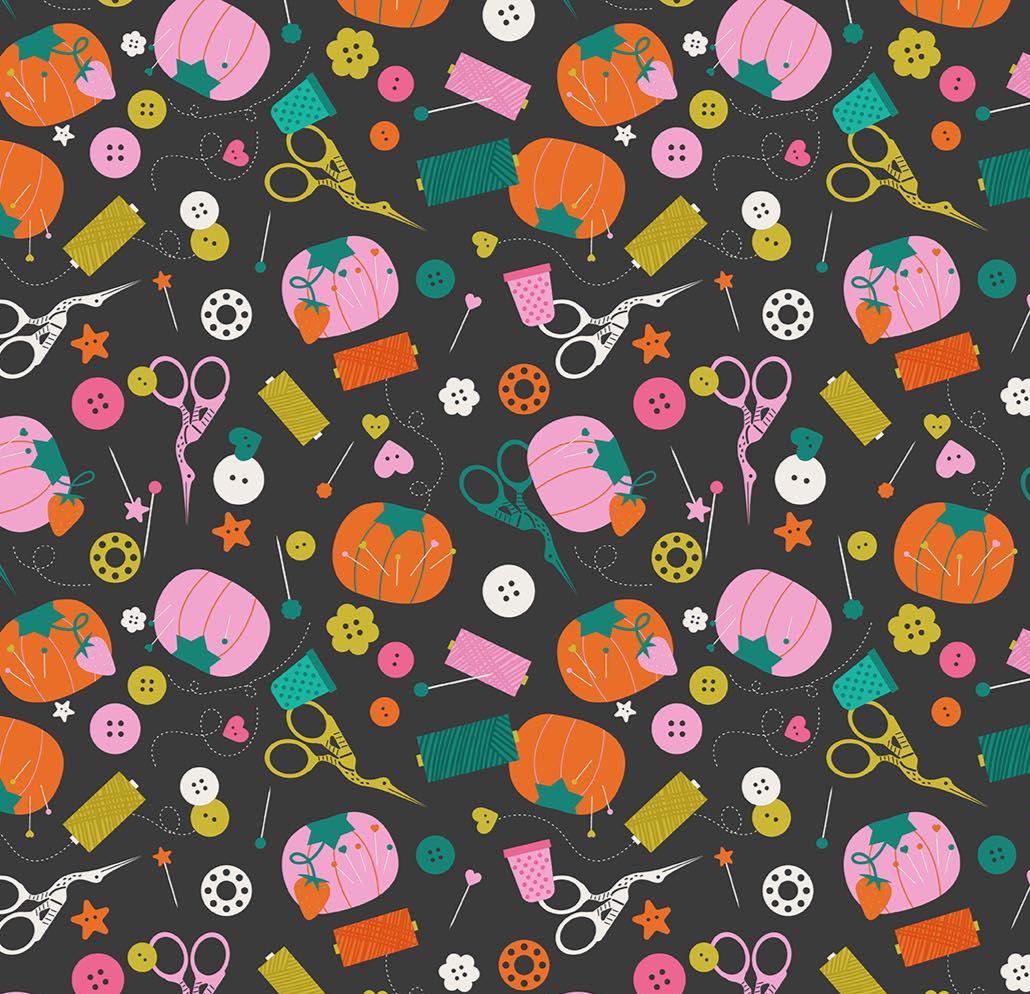 Bits and Bobs Notions Print in Black by Sarah Hearts for Figo Fabrics