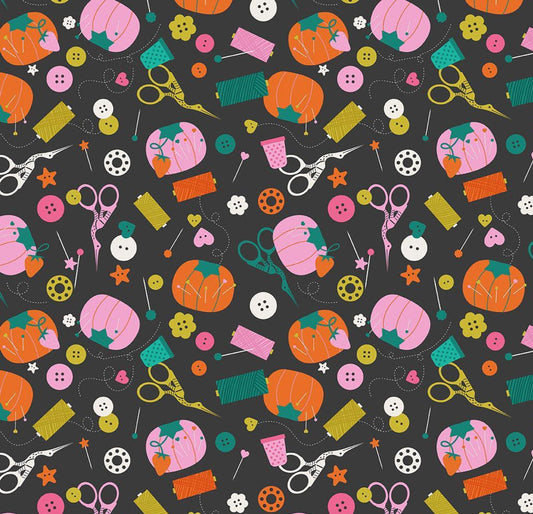 Bits and Bobs Notions Print in Black by Sarah Hearts for Figo Fabrics
