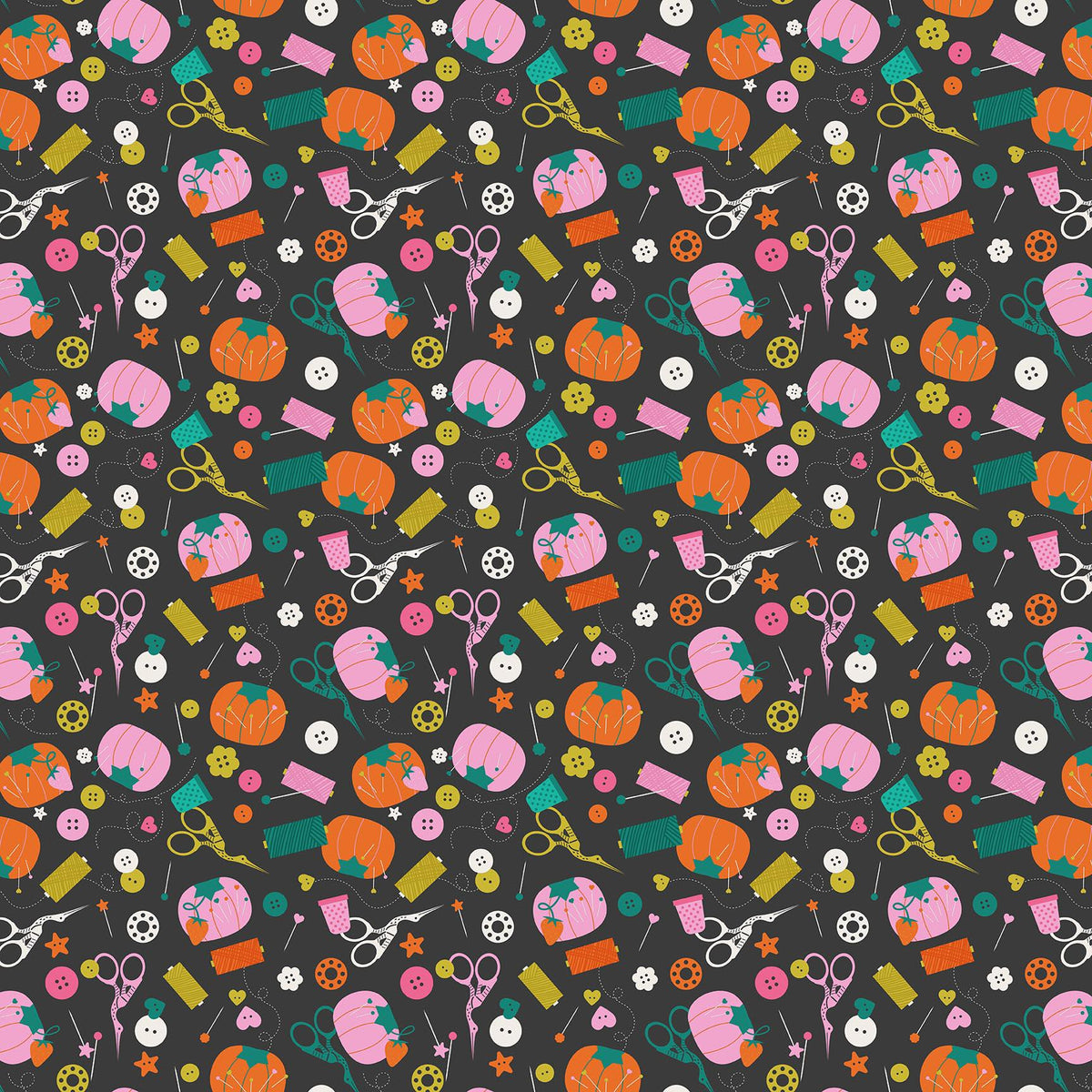 Bits and Bobs Zippers Print in Orange by Sarah Hearts for Figo Fabrics